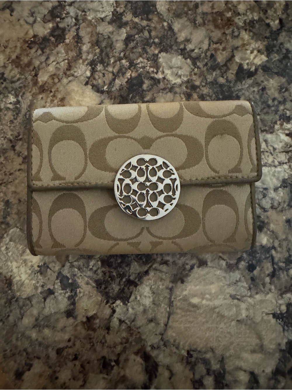 Coach Khaki Signature Fold Wallet with Silver Medallion